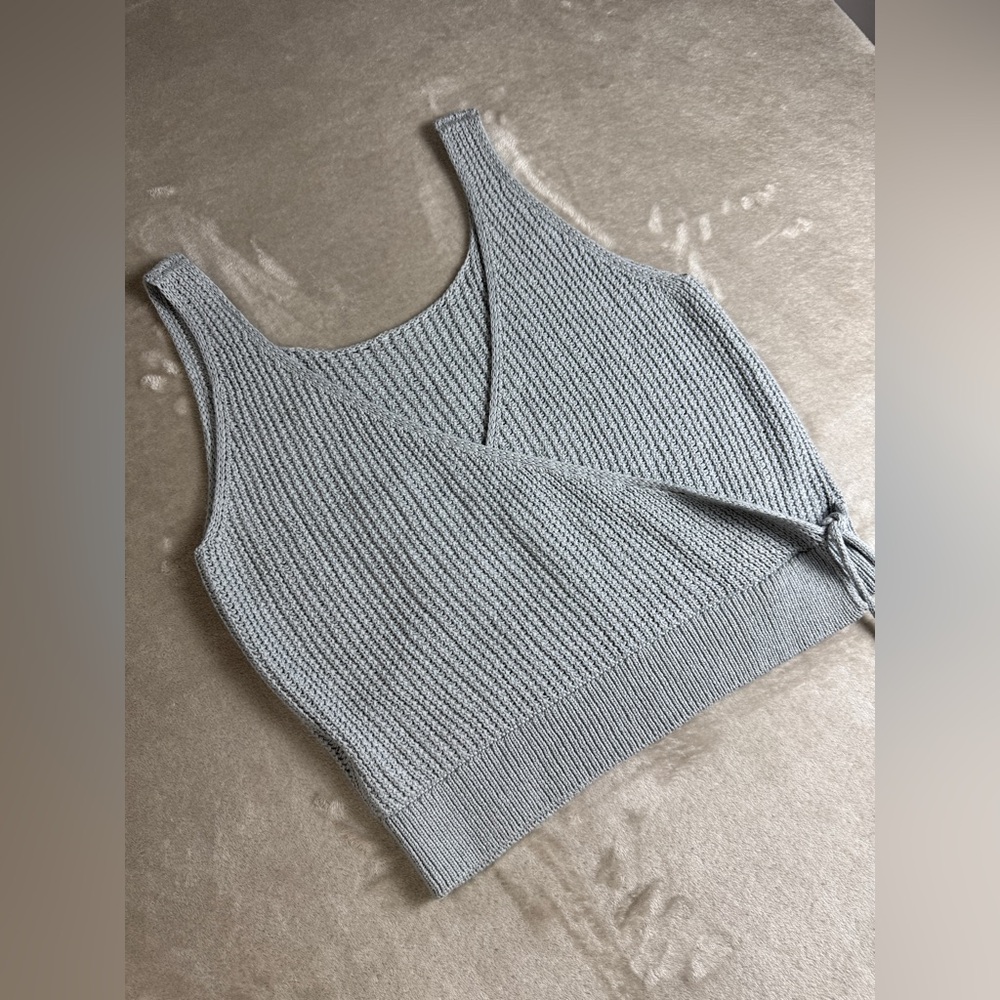 New Vince Tank Top Large Crossover Ribbed Cotton Sweater Gray‎ Fog Knit Side Tie - Picture 6 of 13